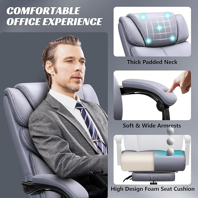 Office Chair, Executive Leather Chair Big and Tall Ergonomic Computer Desk Chair, Comfy Swivel Rolling Reclining Lumbar Support Task Chair with Adjustable High Back Foot Rest for Home Gaming - LeafyLoom