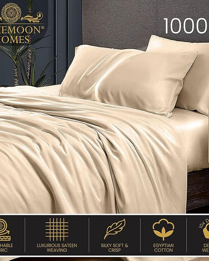 Luxury 100% Egyptian Cotton Queen Sheet Set - 1000 Thread Count - 4 PC Deep Pocket Fitted and Flat Sheets, Soft, Extra Cooling Long Staple Hotel-Quality Bedding with Sateen Weave - Ivory - LeafyLoom
