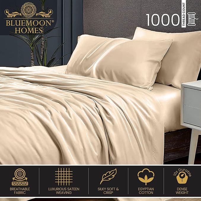 Luxury 100% Egyptian Cotton Queen Sheet Set - 1000 Thread Count - 4 PC Deep Pocket Fitted and Flat Sheets, Soft, Extra Cooling Long Staple Hotel-Quality Bedding with Sateen Weave - Ivory - LeafyLoom
