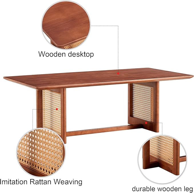 Rattan Coffee Table Rectangular Solid Wood Coffee Table with Cross Table Legs for Living Room Furniture - LeafyLoom