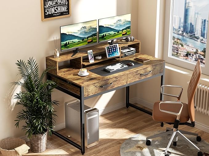 Computer Desk with Drawers, 47" Home Office Desk with Monitor Shelf, Writing Desk with Storage, Gaming Desk Work Desk Study Desk for Bedroom, Rustic Brown - LeafyLoom