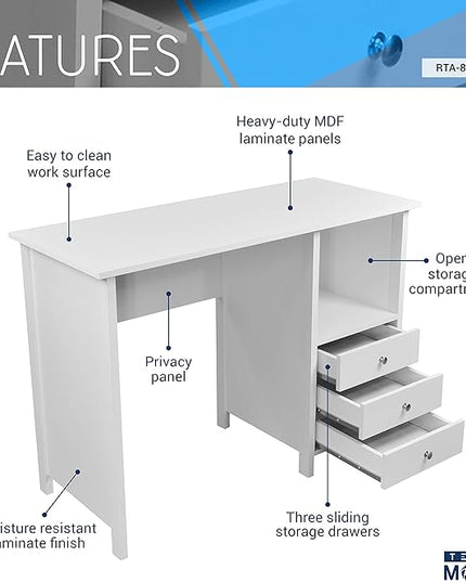 Techni Mobili White Desk with Drawers - Small Office Desk with 3 Cabinet Drawers, Open Shelf, & Laminated Wooden Panels Office & Study Table for Bedroom & Workstations - LeafyLoom