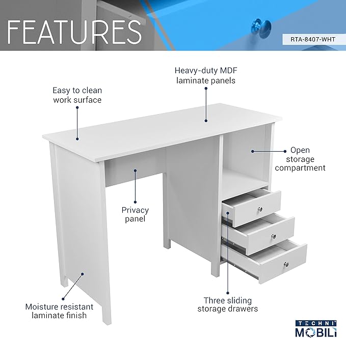 Techni Mobili White Desk with Drawers - Small Office Desk with 3 Cabinet Drawers, Open Shelf, & Laminated Wooden Panels Office & Study Table for Bedroom & Workstations - LeafyLoom