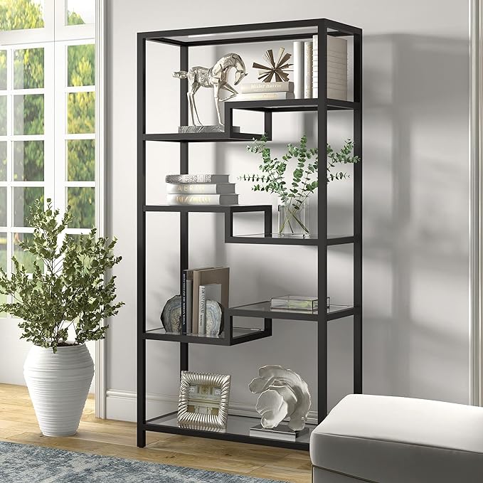 Johann 68'' Tall, Rectangular 8 shelves Bookcase in Satin Nickel - LeafyLoom