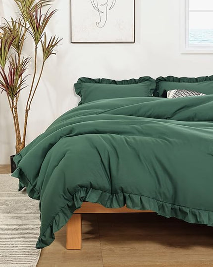 JANZAA King Size Comforter Set Emerald Comforter Set 3PCS (1 Ruffled Comforter Set and 2 Pillowcases) Fluffy Comforter Set Vintage Farmhouse Shabby Chic Bedding Soft All Season - LeafyLoom