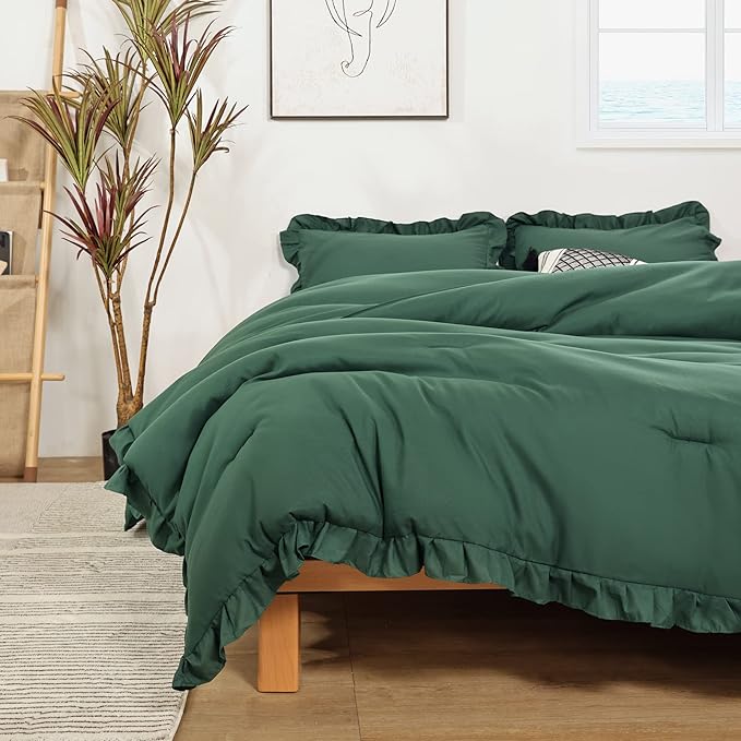 JANZAA Twin Comforter Set Emerald Comforter Set 2PCS (1 Ruffled Comforter Set and 1Pillow case) Fluffy Comforter Set Vintage Farmhouse Shabby Chic Bedding Soft All Season - LeafyLoom