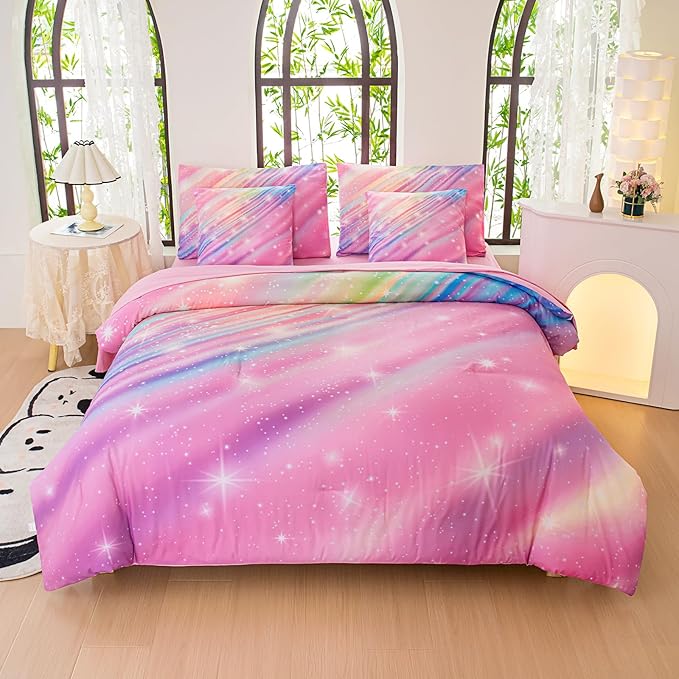 Twin Comforter Set for Girls Galaxy Bedding 7pieces, Ombre Bedding Comforter Sets Rainbow Comforter Glitter Bedding Twin Teen Comforter Sets for Girls - LeafyLoom