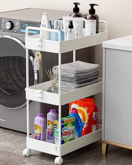 Ronlap 3 Tier Classic Storage Rolling Cart Slim Storage Cart with Wheels Slide Out Storage Rolling Cart Organizer Plastic for Bathroom Laundry, White - LeafyLoom