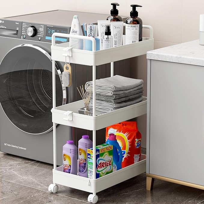 Ronlap 3 Tier Classic Storage Rolling Cart Slim Storage Cart with Wheels Slide Out Storage Rolling Cart Organizer Plastic for Bathroom Laundry, White - LeafyLoom