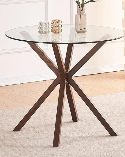 Glass Dining Table,Modern Tempered Glass Top Dining Room Table with Cross Base for 4 People,Round Large Dining Table Glass Kitchen Table - LeafyLoom