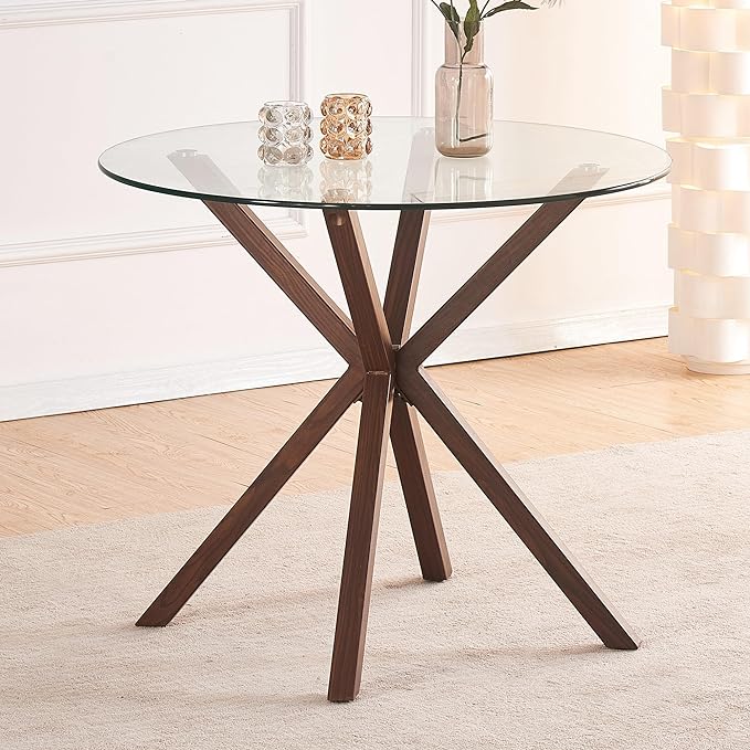 Glass Dining Table,Modern Tempered Glass Top Dining Room Table with Cross Base for 4 People,Round Large Dining Table Glass Kitchen Table - LeafyLoom