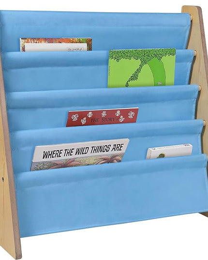 Wildkin Kids Canvas Sling Bookshelf for Boys and Girls, Wooden Design Features Four Fabric Shelves, Keep Bedrooms, Playrooms, and Classrooms Organized, an Ideal Kids Bookshelf (Natural w/Sky Blue) - LeafyLoom