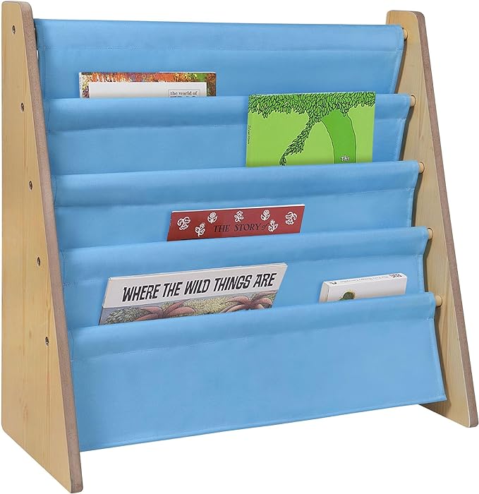 Wildkin Kids Canvas Sling Bookshelf for Boys and Girls, Wooden Design Features Four Fabric Shelves, Keep Bedrooms, Playrooms, and Classrooms Organized, an Ideal Kids Bookshelf (Natural w/Sky Blue) - LeafyLoom