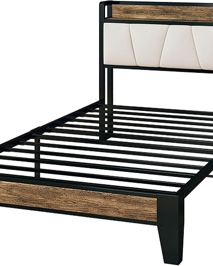 LIKIMIO Twin Bed Frames, Storage Headboard with Charging Station, Solid and Stable, Noise Free, No Box Spring Needed, Easy Assembly (Walnut and Beige) - LeafyLoom