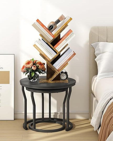 Hoctieon 4 Tier Tree Bookshelf, 4 Shelf Bookcase, Modern Book Storage, Free Standing Tree Bookcase, Utility Organizer Shelves for Home Office, Living Room, Bedroom, Rustic Brown - LeafyLoom
