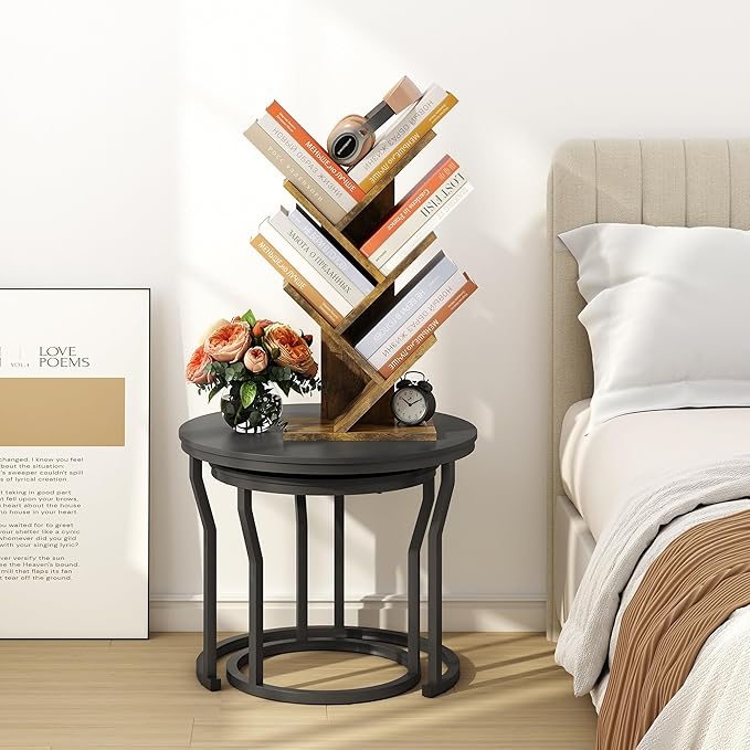 Hoctieon 4 Tier Tree Bookshelf, 4 Shelf Bookcase, Modern Book Storage, Free Standing Tree Bookcase, Utility Organizer Shelves for Home Office, Living Room, Bedroom, Rustic Brown - LeafyLoom