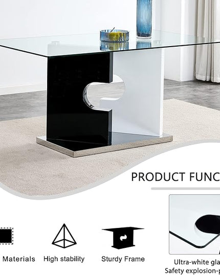 NicBex Large Modern Minimalist Rectangular Glass Dining Table for 6-8 with 0.39" Tempered Glass Tabletop and MDF Slab Special-Shaped Bracket for Kitchen Dining Room Banquet Hall, White + Black - LeafyLoom