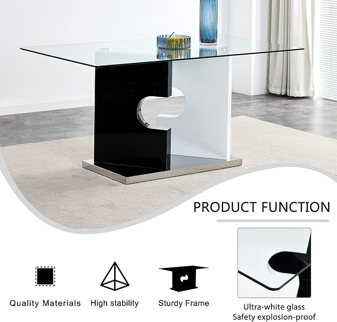 NicBex Large Modern Minimalist Rectangular Glass Dining Table for 6-8 with 0.39" Tempered Glass Tabletop and MDF Slab Special-Shaped Bracket for Kitchen Dining Room Banquet Hall, White + Black - LeafyLoom