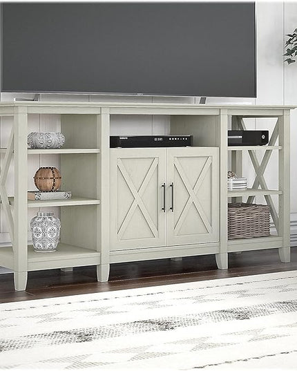Bush Furniture Key West Tall TV Stand for 65 Inch TV in Linen White Oak, Farmhouse Entertainment Center with Storage - LeafyLoom