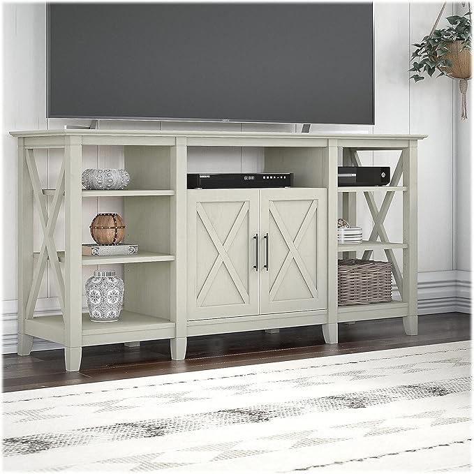 Bush Furniture Key West Tall TV Stand for 65 Inch TV in Linen White Oak, Farmhouse Entertainment Center with Storage - LeafyLoom