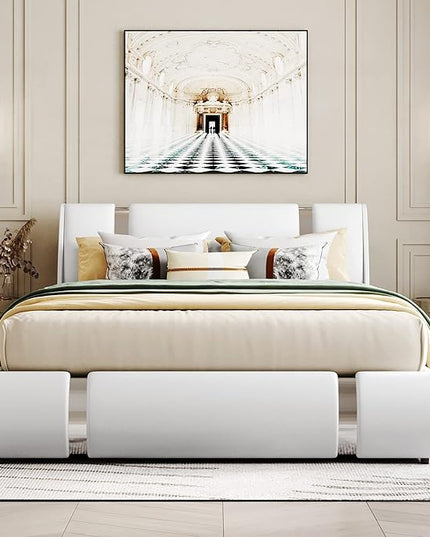 Modern Queen Size Upholstered Faux Leather Platform Bed with a Hydraulic Storage System, Metal Strips Headboard and Footboard, No Box Spring Needed, Sturdy Slat Support, Easy to Assemble - LeafyLoom