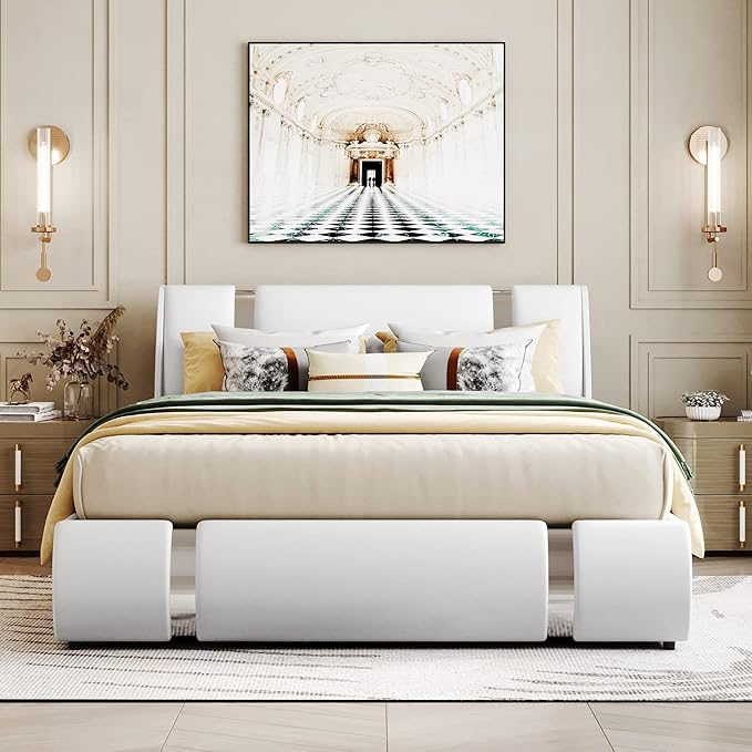 Modern Queen Size Upholstered Faux Leather Platform Bed with a Hydraulic Storage System, Metal Strips Headboard and Footboard, No Box Spring Needed, Sturdy Slat Support, Easy to Assemble - LeafyLoom