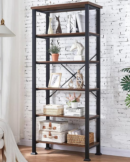 HOMBAZAAR Bookshelf, 6-Tier Vintage Industrial Book Shelf, Rustic Wood and Metal Bookcase and Bookshelves, Free Standing Storage Large Bookshelf for Living Room, Bedroom and Kitchen, Brown - LeafyLoom