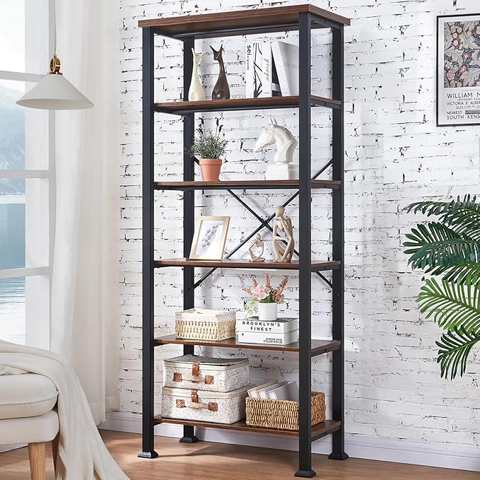 HOMBAZAAR Bookshelf, 6-Tier Vintage Industrial Book Shelf, Rustic Wood and Metal Bookcase and Bookshelves, Free Standing Storage Large Bookshelf for Living Room, Bedroom and Kitchen, Brown - LeafyLoom