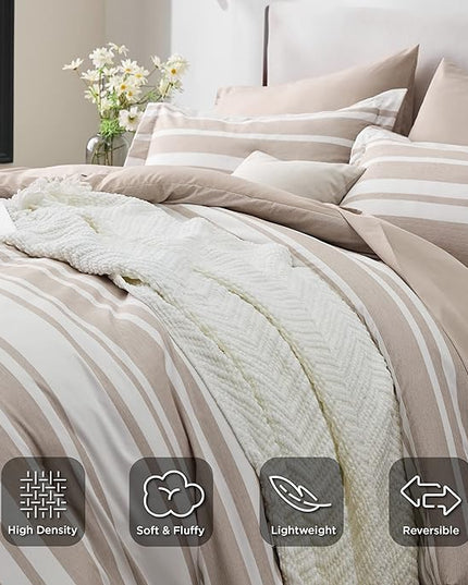 Bedsure Bed in a Bag Queen Size 7 Pieces, Light Camel White Striped Bedding Comforter Sets All Season Bed Set Khaki, 2 Pillow Shams, Flat Sheet, Fitted Sheet and 2 Pillowcases - LeafyLoom