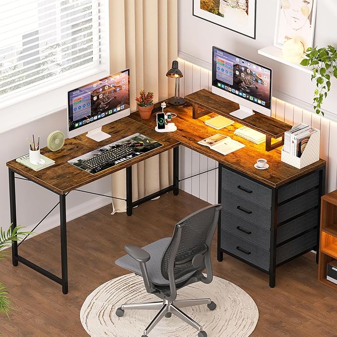 Homieasy L Shaped Desk with Drawers & Power Outlets, Reversible Computer Desk with LED Light and Monitor Stand, 50 Inch Home Office Gaming Work Study Desk with 4 Storage Drawers, Rustic Brown - LeafyLoom