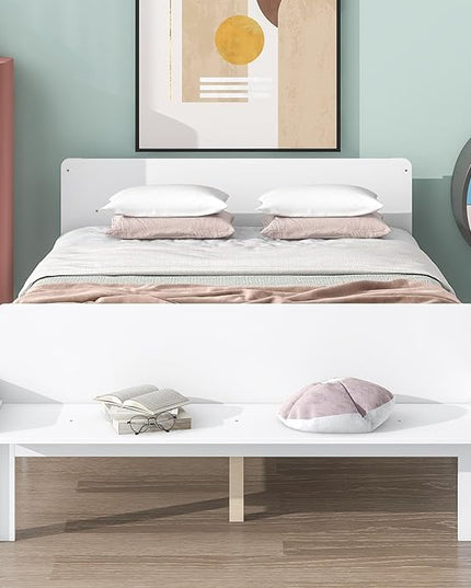 Full Bed with Footboard Bench, Full Kid Bed with Headboard, Wood Slat Support, Cute Kid Bed Frame with Book Storage Space, Full Car Bed for Boys Girls Bedroom, No Box Spring Needed, Grey - LeafyLoom