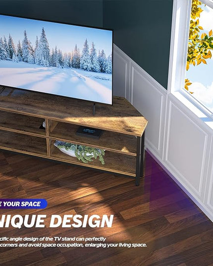 Unikito 55'' Corner TV Stand with Power Outlet, Corner Entertainment Center TV Console Table with 4 Open Storage Shelves, Metal Frame for Living Room, Bedroom, Industrial 60'' Corner TV Stand, Rustic - LeafyLoom