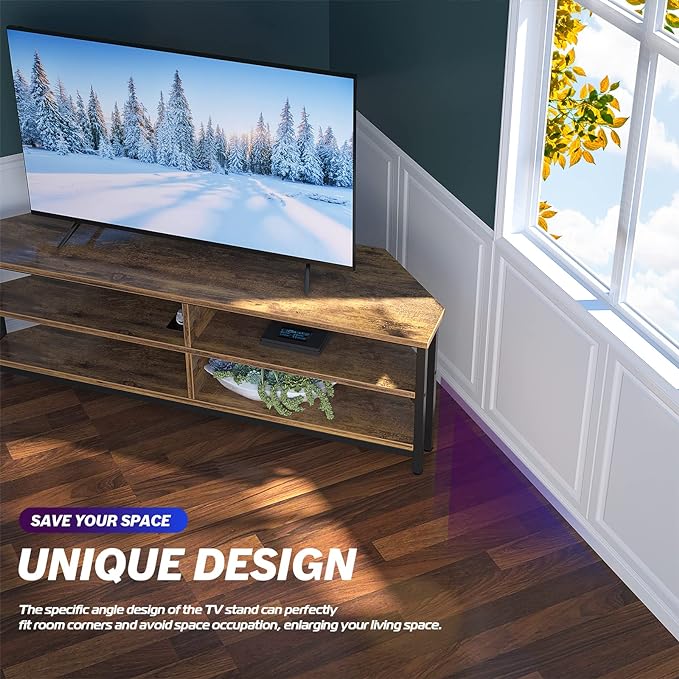 Unikito 55'' Corner TV Stand with Power Outlet, Corner Entertainment Center TV Console Table with 4 Open Storage Shelves, Metal Frame for Living Room, Bedroom, Industrial 60'' Corner TV Stand, Rustic - LeafyLoom
