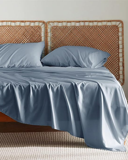 Bedsure Queen Sheets, Rayon Derived from Bamboo, Queen Cooling Sheet Set, Deep Pocket Up to 16", Breathable & Soft Bed Sheets, Hotel Luxury Silky Bedding Sheets & Pillowcases, Mineral Blue - LeafyLoom