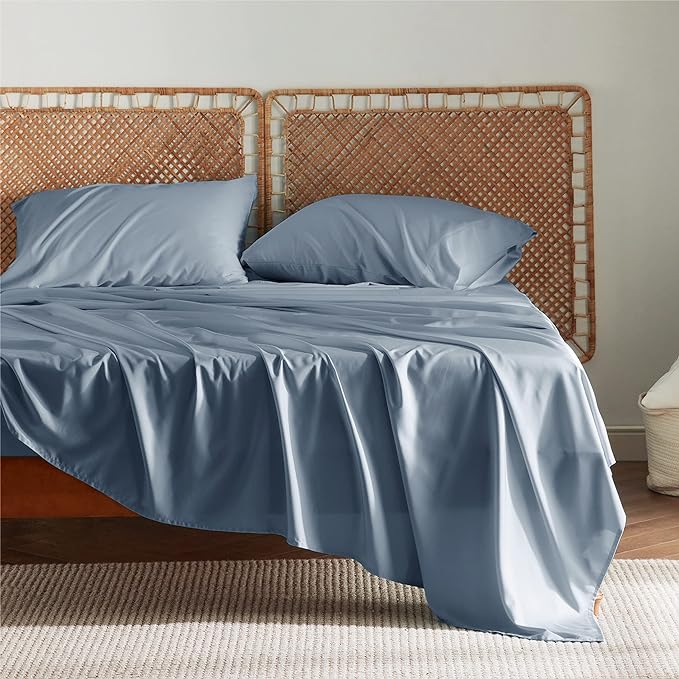 Bedsure Queen Sheets, Rayon Derived from Bamboo, Queen Cooling Sheet Set, Deep Pocket Up to 16", Breathable & Soft Bed Sheets, Hotel Luxury Silky Bedding Sheets & Pillowcases, Mineral Blue - LeafyLoom