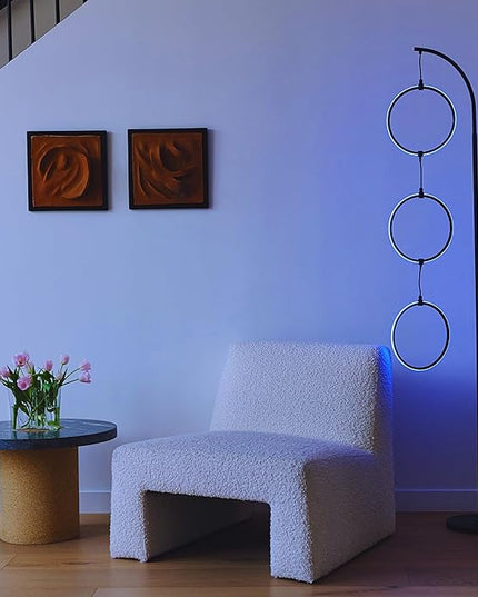 Brightech Nova Modern Color Changing Floor Lamp - LED Lamp with Stunning RGB Color Gradient and Contemporary 3-Circle Ring-Style Pendant - Corner or Over-The-Couch Arching Pole Standing Lamp - Black - LeafyLoom