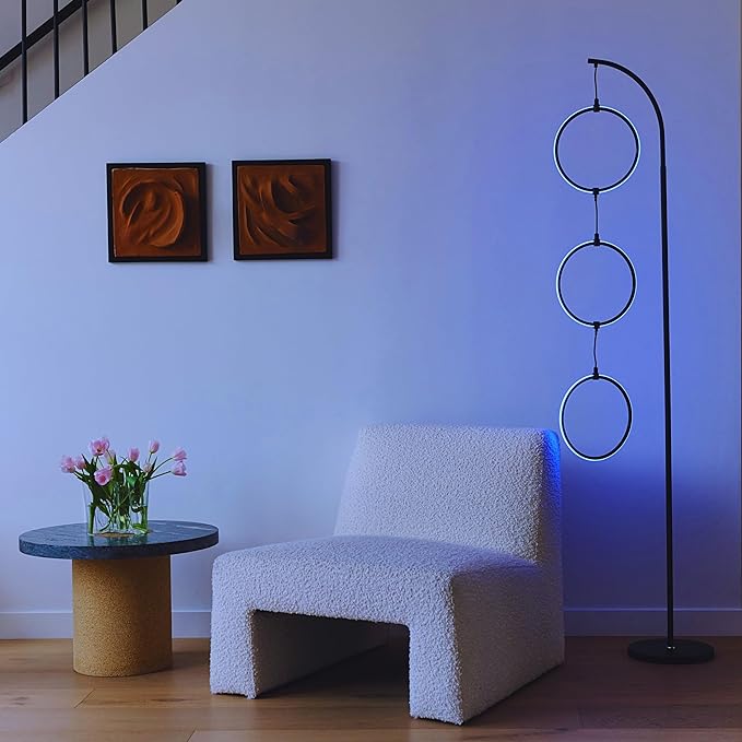 Brightech Nova Modern Color Changing Floor Lamp - LED Lamp with Stunning RGB Color Gradient and Contemporary 3-Circle Ring-Style Pendant - Corner or Over-The-Couch Arching Pole Standing Lamp - Black - LeafyLoom