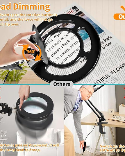 HITTI 10X Long Magnifying Glass with Light and Stand, 2200 Lumens Dimmable Bright LED Lighted Magnifier, Ajustable Swing Arm Magnifying Desk Lamp with Clamp, Hands Free for Hobby Repair Workbench - LeafyLoom