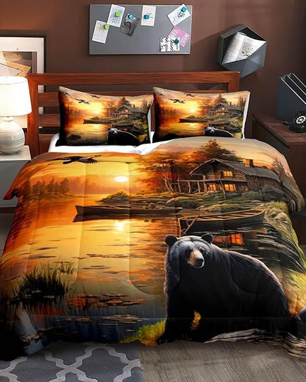 LUVIVIHOME 2PCS Black Bear Comforter Set Twin Size, Rustic Cabin Bedding, Forest Animals Mallard Duck Wildlife Hunting Hunter Country Lodge Farmhouse Bedroom Decor, Microfiber Quilt, 1 Pillow Sham - LeafyLoom