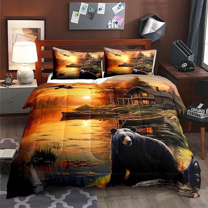 LUVIVIHOME 2PCS Black Bear Comforter Set Twin Size, Rustic Cabin Bedding, Forest Animals Mallard Duck Wildlife Hunting Hunter Country Lodge Farmhouse Bedroom Decor, Microfiber Quilt, 1 Pillow Sham - LeafyLoom