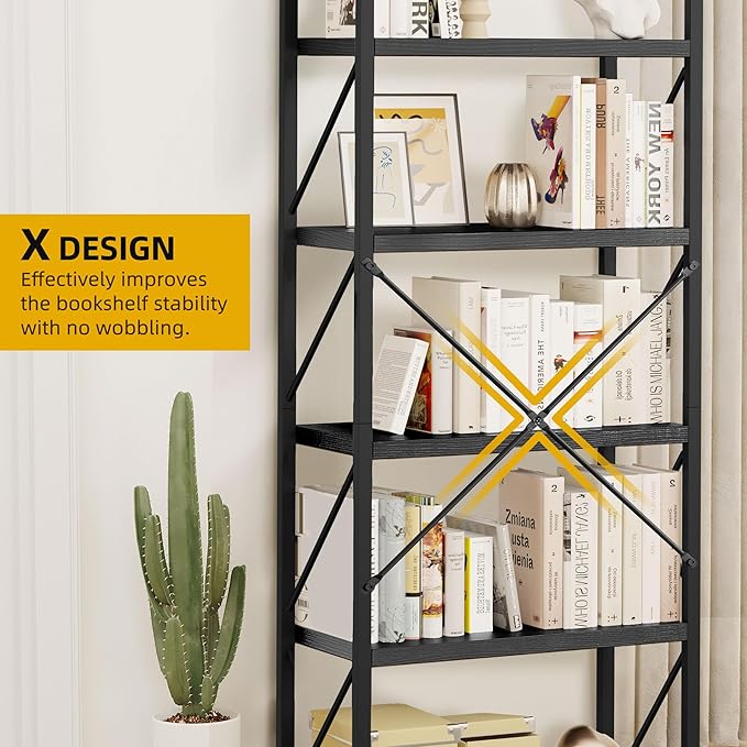 DWVO 5 Tier Bookshelf Black Bookcase, Storage Shelves Organizer Standing Shelf, Display Rack Book Shelves for Bedroom,Living Room,Office,Kitchen, Black - LeafyLoom