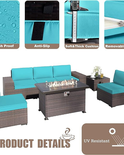 Patio Furniture Sectional Sofa Set 7 Pieces PE Rattan Outdoor Furniture w/43in Gas Fire Pit Table, Patio Conversation Set with 55000 BTU Propane Fire Pit, Blue - LeafyLoom