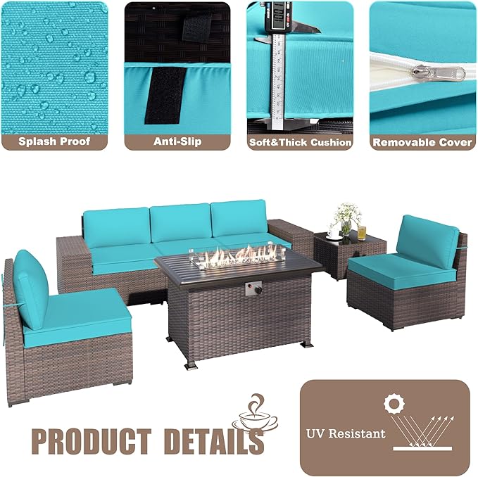 Patio Furniture Sectional Sofa Set 7 Pieces PE Rattan Outdoor Furniture w/43in Gas Fire Pit Table, Patio Conversation Set with 55000 BTU Propane Fire Pit, Blue - LeafyLoom