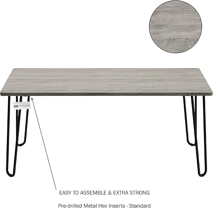 LAVISH HOME Coffee Table with Hairpin Legs-Modern Industrial Style Home Decor-Woodgrain-Look and Steel Accent Living Room Furniture, 41", Gray - LeafyLoom