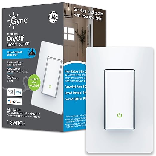 GE CYNC Smart Light Switch, Paddle Style, Neutral Wire Required, Bluetooth and 2.4 GHz Wi-Fi 4-Wire Switch, Works with Alexa and Google (1 Pack) CYNCSmartHome