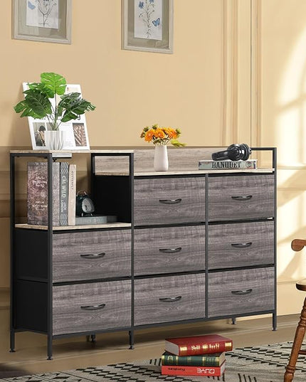 MOOACE TV Stand with Charging Station, 52'' Long TV Stand with 8 Storage Drawers and Open Shelves, Chests Dresser for Bedroom, Living Room, Light Gray - LeafyLoom