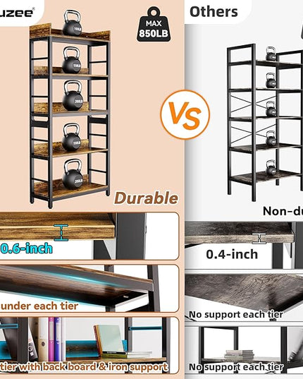 Aquzee Bookshelf, 66" H 5-Tiers Heavy Duty Industrial Shelving Wood & Metal Bookcase, Rustic and Black Tall Shelf Units for Home, Office, Living Room - LeafyLoom