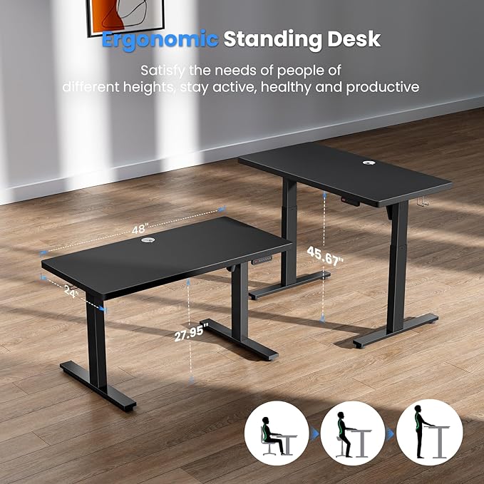 Electric Standing Desk Adjustable - 55 x 24 Inch Sit Stand up Desk with Cable Management - 3 Memory Preset Adjustable Height Desk Computer Home Office Desk - LeafyLoom