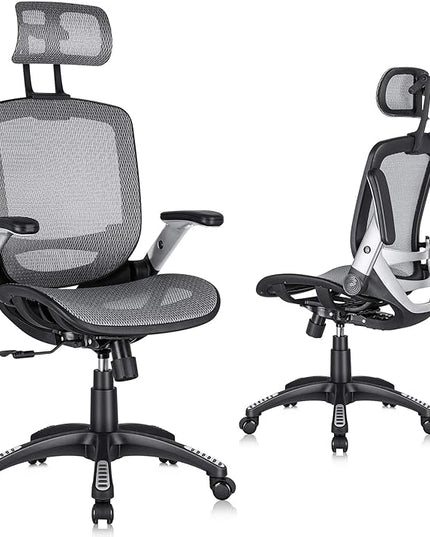 GABRYLLY Ergonomic Mesh Office Chair, High Back Desk Chair - Adjustable Headrest with Flip-Up Arms, Tilt Function, Lumbar Support and PU Wheels, Swivel Computer Task Chair, Grey - LeafyLoom