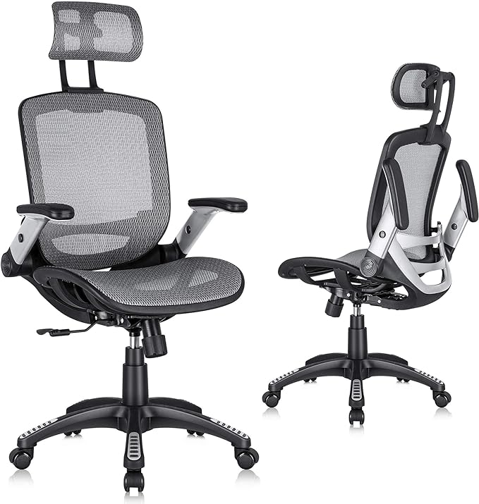 GABRYLLY Ergonomic Mesh Office Chair, High Back Desk Chair - Adjustable Headrest with Flip-Up Arms, Tilt Function, Lumbar Support and PU Wheels, Swivel Computer Task Chair, Grey - LeafyLoom